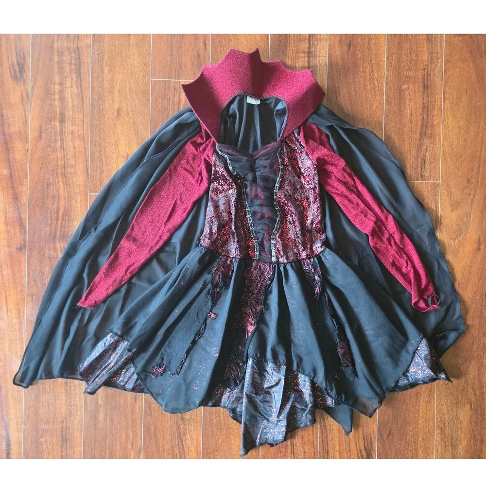 Spirit Halloween Dark Beauty Vampire Costume Child Large 12-14 Dress Cape Tights - Picture 8 of 11